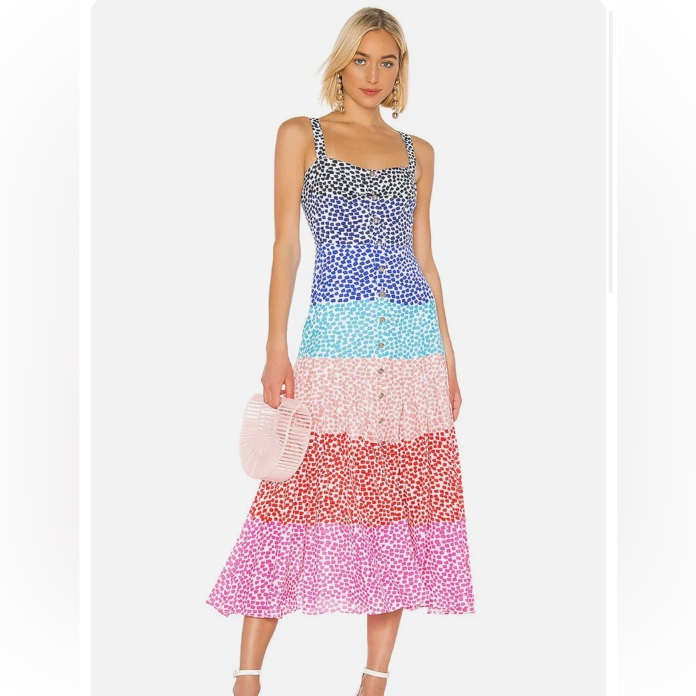 SALONI Rainbow Ombre Gradient KAREN Button Detail Silk Midi Dress Size 2
